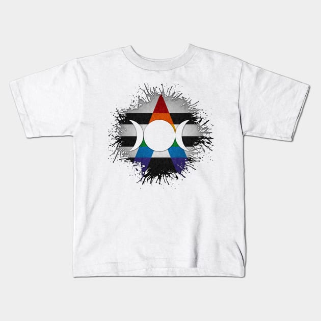 Paint Splatter LGBT Ally Pride Flag Triple Goddess Moon Symbol Kids T-Shirt by LiveLoudGraphics